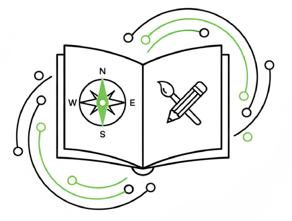 boekje met kompas en potloden